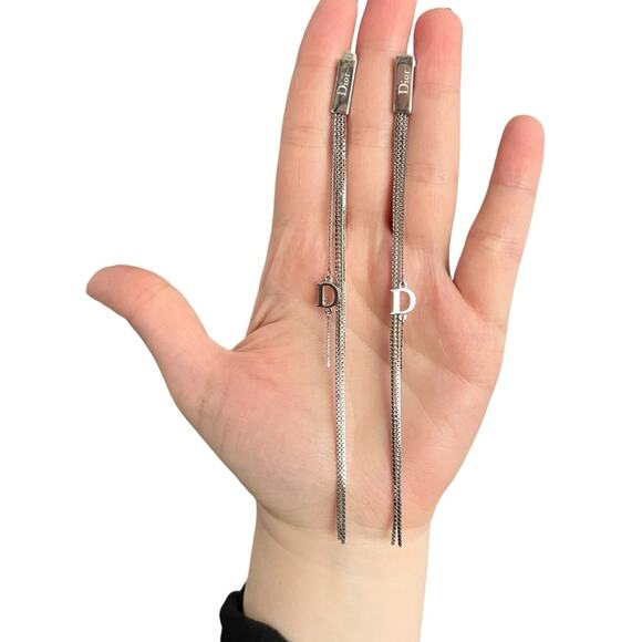 AUTH VTG Christian Dior Silver Long Chain D Charm Logo Fringe Tassel Earrings - Picture 7 of 15